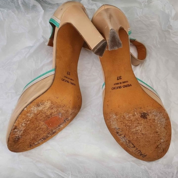 💗Vintage Paul & Betty Tan & Yellow with Blue-Green trims pumps size IT 37 - Picture 4 of 8